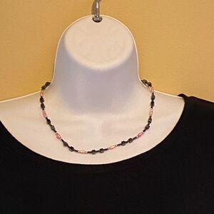 Black and Pink Beaded Necklace with Barrel Screw Clasp